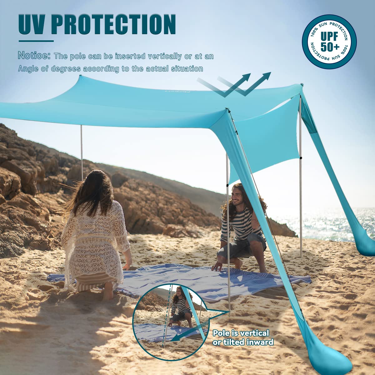 Tenda Parasole Portatile UPF50+ Per Spiaggia E Campeggio - Con Ancore Sabbia, Pali Alluminio E Borsa Trasporto - Foto 4