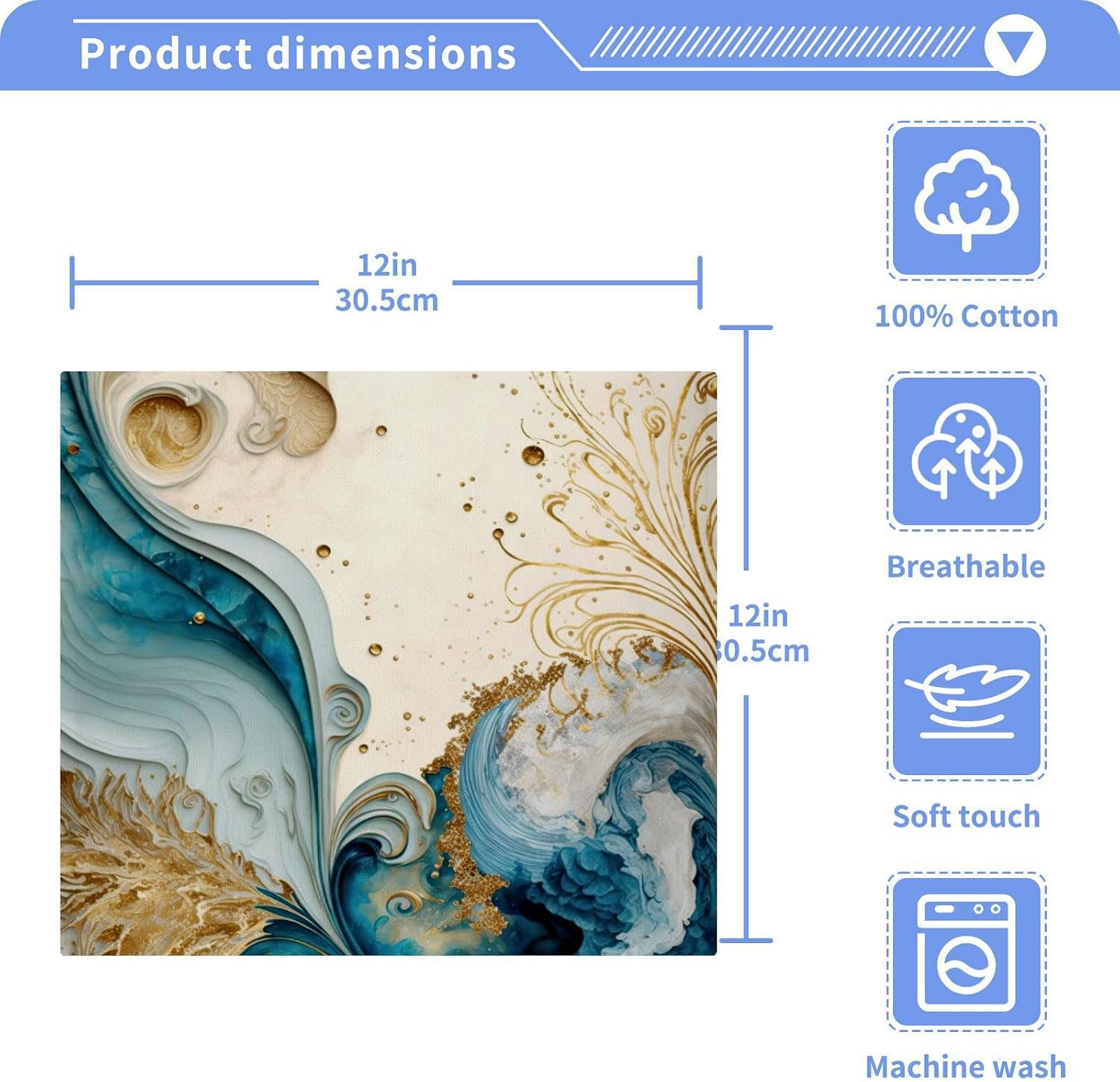 Vnurnrn Towels Cotton Washcloths Set (Gold Blue Marble), Soft Absorbent Quick Dry Wash Clothes, Multi-Purpose Fingertip Towels for Bathroom Hotel Travel 12×12 in (6 Pack)