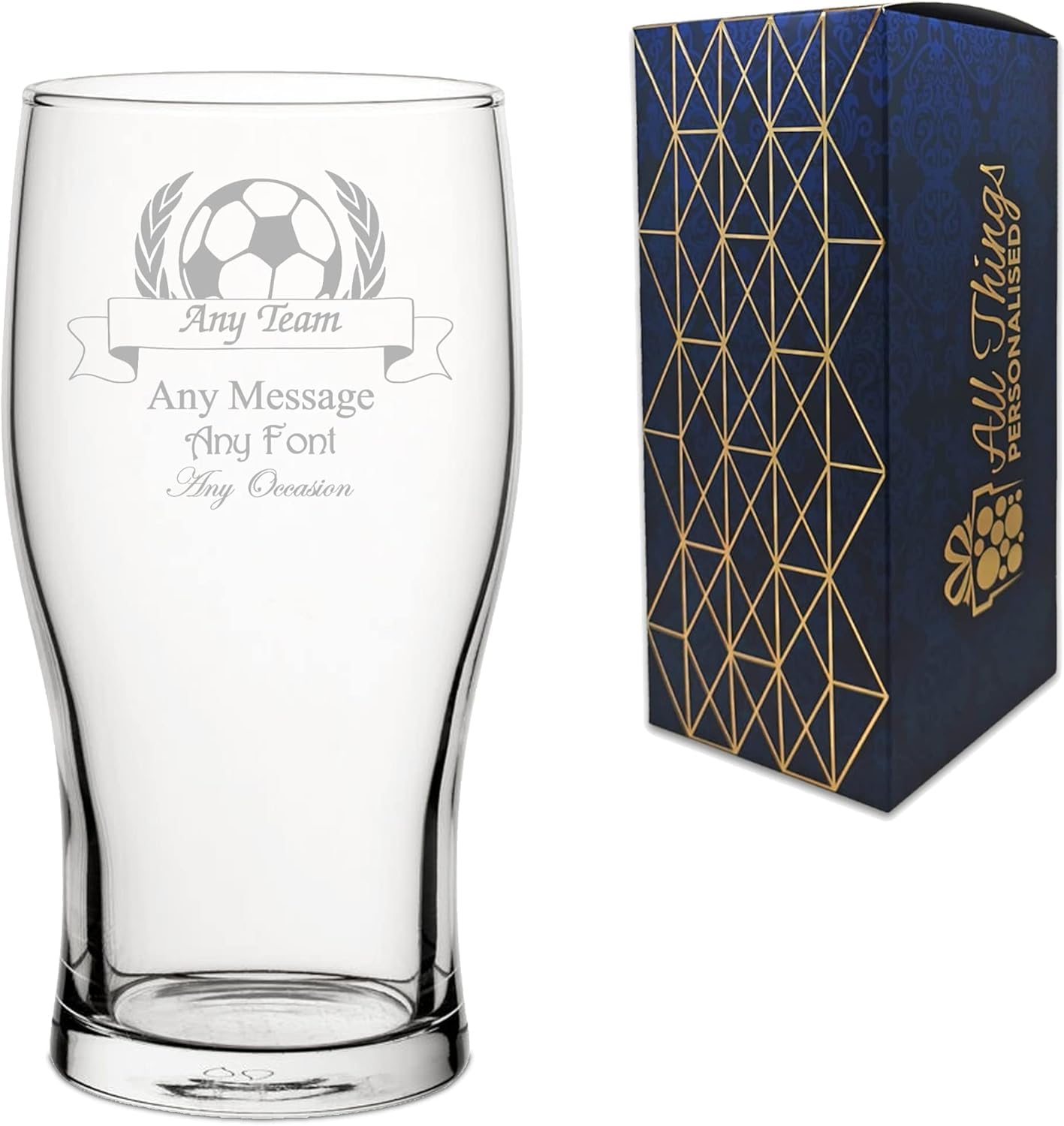 All Things Personalised Bicchiere Birra Pinta Personalizzato 0,5L - Bicchiere Inciso con Nome Squadra e Messaggio, Design Calcio e Coppa - Regalo Tifosi Calcio, Tornei, Compleanno - Confezione Regalo