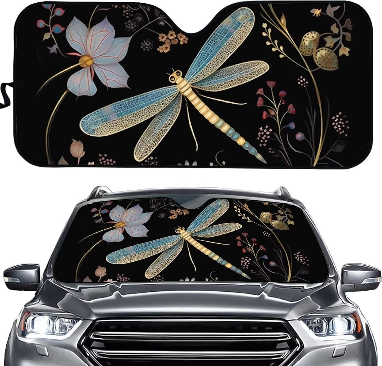 Dragonfly Flower Sun Shade for Car Windshield Foldable Sunshade Front Window for SUV,Trucks,Sedan Sun Visor Protector Car Interior Accessories for Women Men Gifts Sun Reflectors UV and Heat
