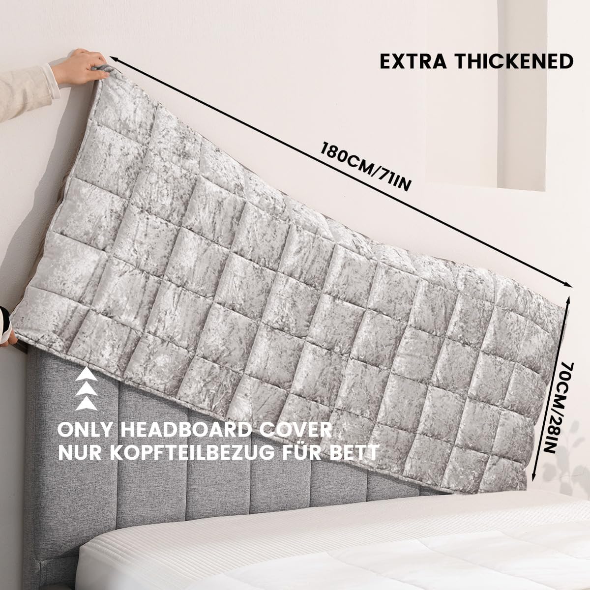 Headboard Cover Bed - Thickened Soft Stretch Slipcover Flannel Fabric, Elastic Bottom Hold & Side Pockets, Dust-Proof Protector for Upholstered Bed (71 * 28inch, Light Gray)