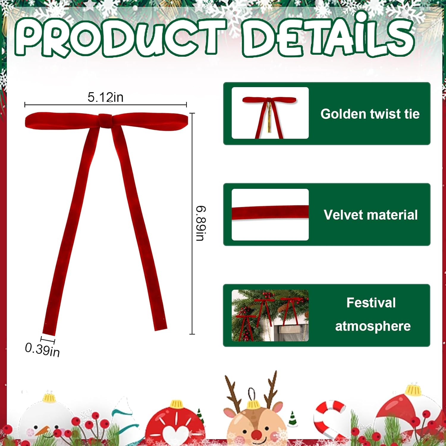 24 PCS Christmas Velvet Bows Christmas Decor Bow Red Twist Tie Bows for Tree Ornament Craft DIY Cake Topper, Ribbon Bows for Gift Wrapping Party Decoration Home Garland Birthday - Image 2