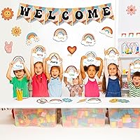 Vista 8 de Cartel de bienvenida retro de bienvenida a la escuela, 61 unidades, póster de bienvenida con temática de arco iris, decoración con punta