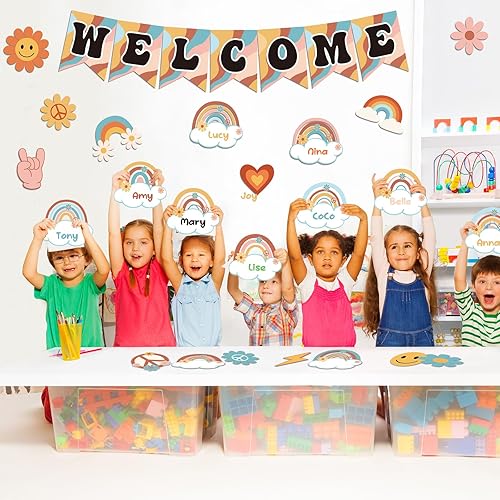 Miniatura 8 de Cartel de bienvenida retro de bienvenida a la escuela, 61 unidades, póster de bienvenida con temática de arco iris, decoración con punta de