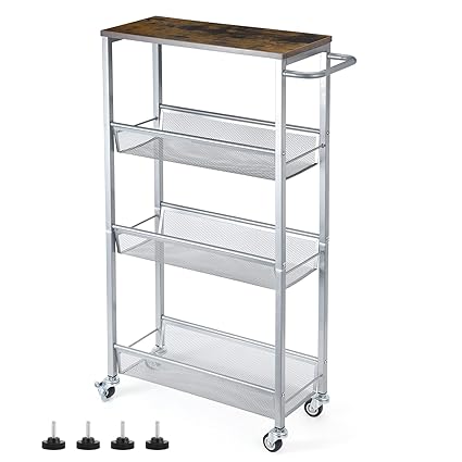 4 Tier Slim Storage Cart, Shelving Unit for Small Space, Slide Out Narrow Kitchen Cart with Wood Top, Metal Handle and Wire Mesh Rolling Cart for Narrow Space on Kitchen, Bathroom, Silver.
