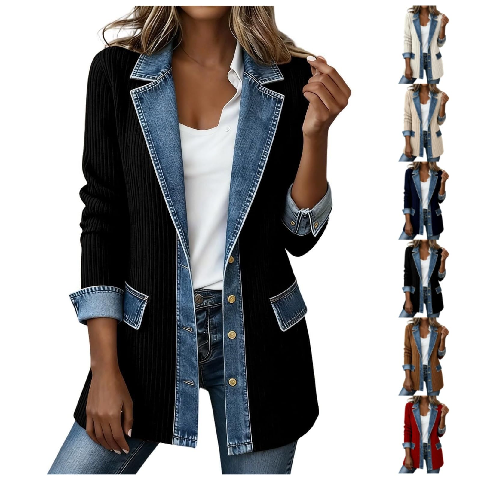 Fall Jackets For Women Trendy Denim Patchwork Blazer Long Sleeve Ribbed Button Down Casual Office Teacher Outfits