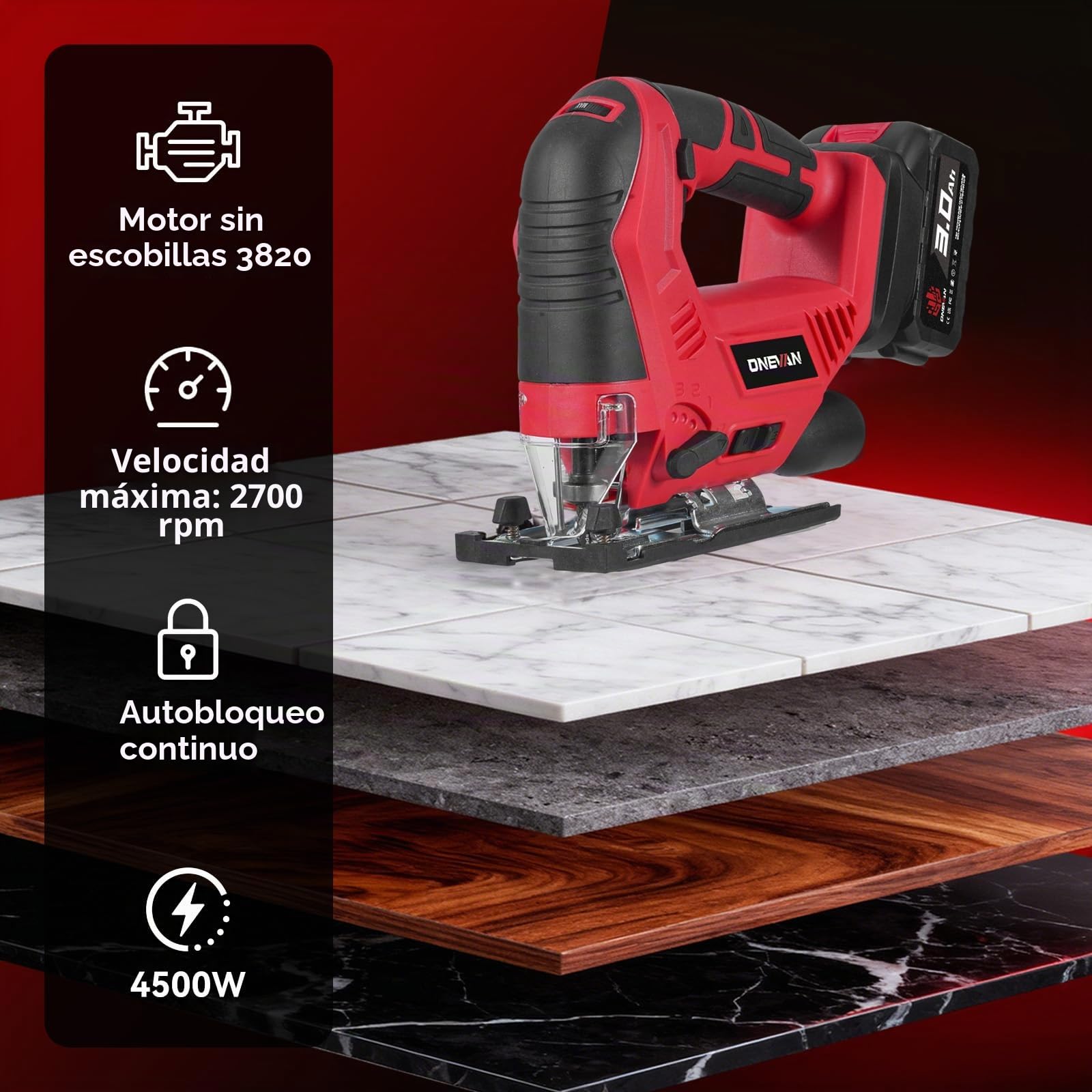 ONEVAN Sierra de Calar Inalámbrica Conexión Aspirador 24mm 2x3,0Ah | 3 ajustes orbitales, ±45° inglete, 7 velocidades, LED y aspiración integrada, corte madera 56mm y acero 6mm, Para bricolaje