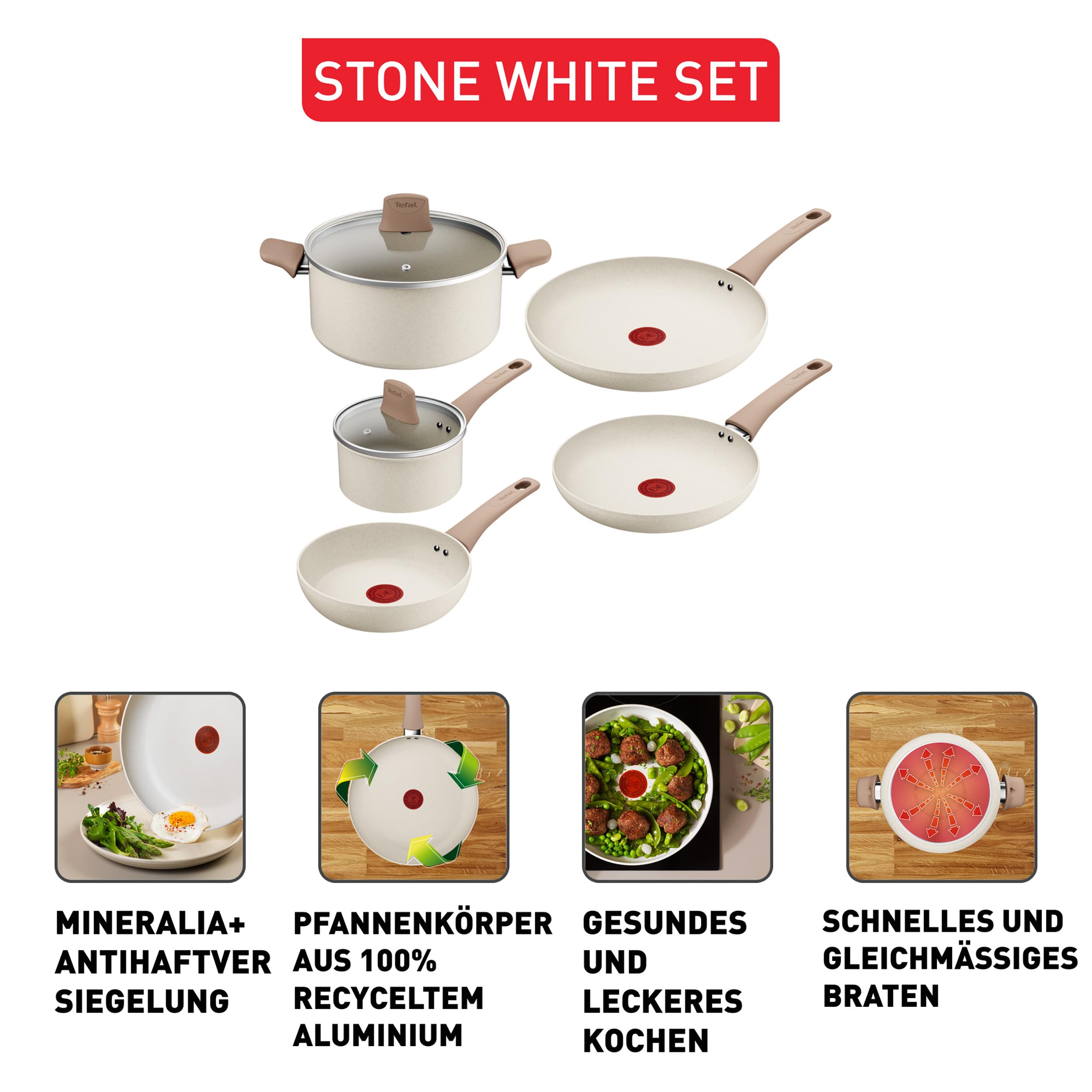 Tefal Stone White On 7-teiliges Kochgeschirr-Set, Mineralia+ Antihaftbeschichtung, Thermo-Signal, Thermo-Fusion-Boden, kompatibel mit allen Herdarten, Glasdeckel mit Dampföffnung, Weiß, G199S544