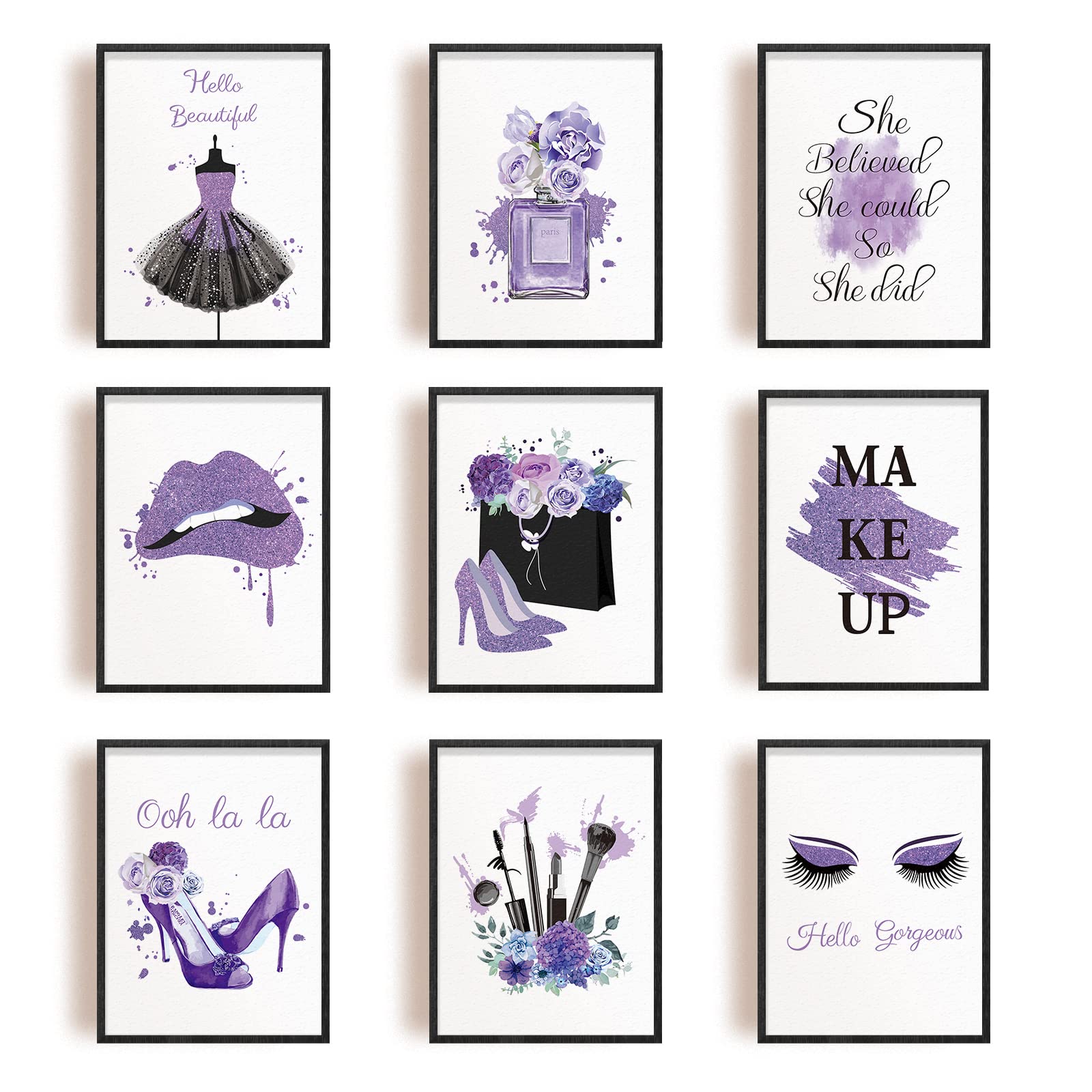 INFUNLY Set of 9 Makeup Wall Art Print UNFRAMED Purple Flower Perfume Fashion Wall Pictures 8X10 Canvas Prints Wall Decor for Bedroom Makeup Art Girls