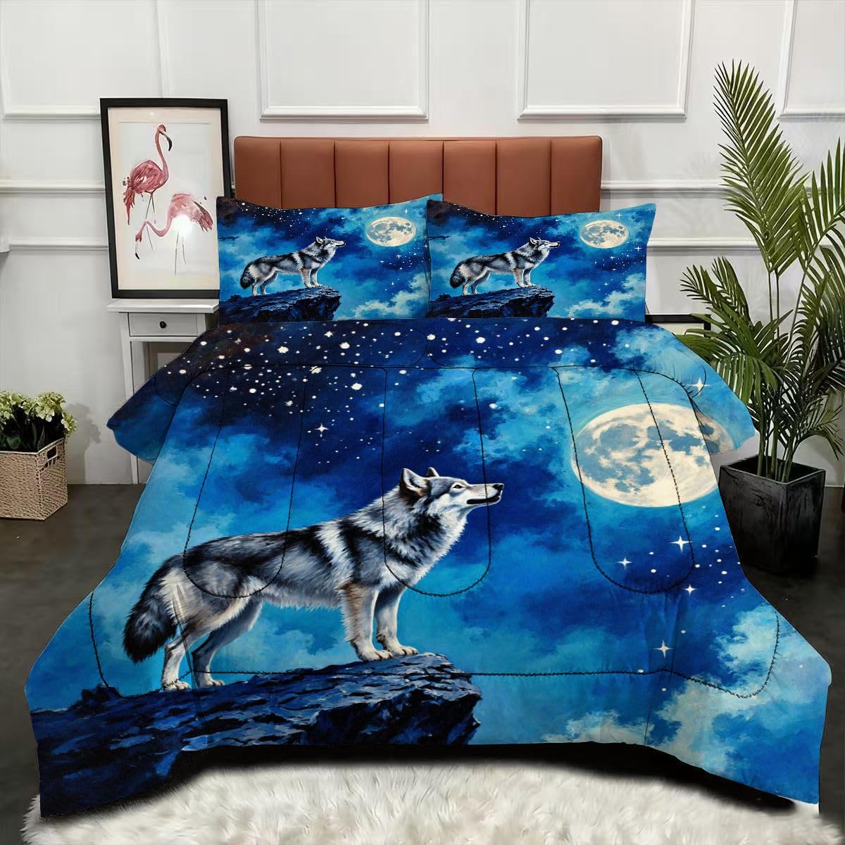 Couette 220 x 240 cm Loup avec 2 taies d'oreiller pour lit 2 personnes