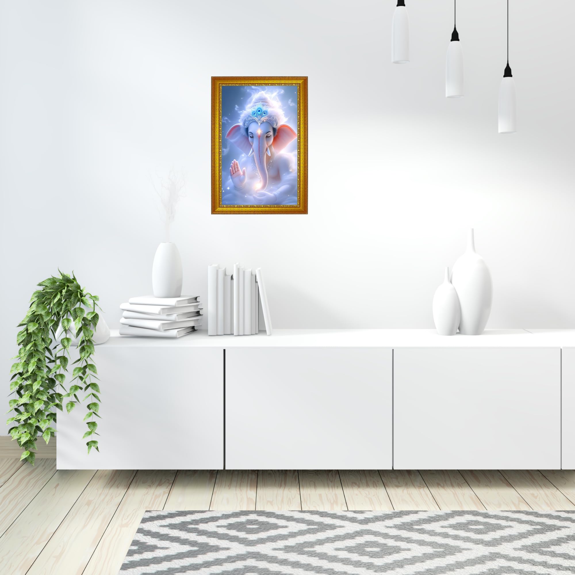 Ganesha Religious Wall Art with Golden Frame, Multicolor Divine Portrait, 25x20 cm, Paper Print, Modern Style 1