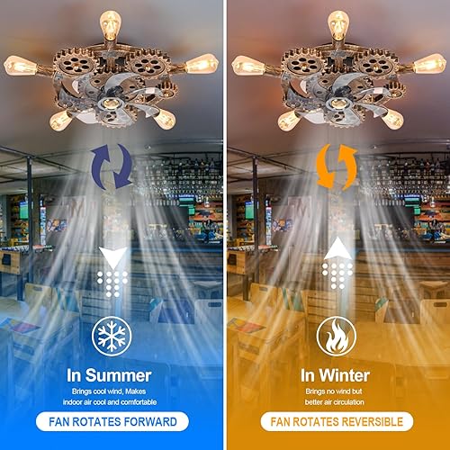 Miniatura 5 de Ventiladores de techo steampunk industriales retro de 20 pulgadas con luces y control remoto, ventilador de techo de perfil bajo sin aspas con luz,