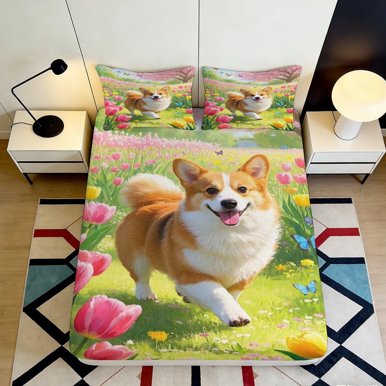 3D Printed Cute Corgi Fitted Sheet Microfiber Soft Breathable Colorful Flower Bed Cover for Bedroom Dormitory Guest Room Mattress Protection 160x200x25cm