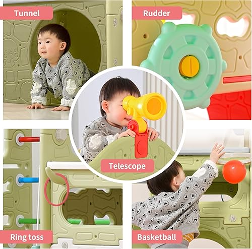 Miniatura 6 de UNICOO Zona de juegos interior 10 en 1, juego de gimnasio de la selva con tobogán, pared de escalada, escalera, columpio, baloncesto, anillos