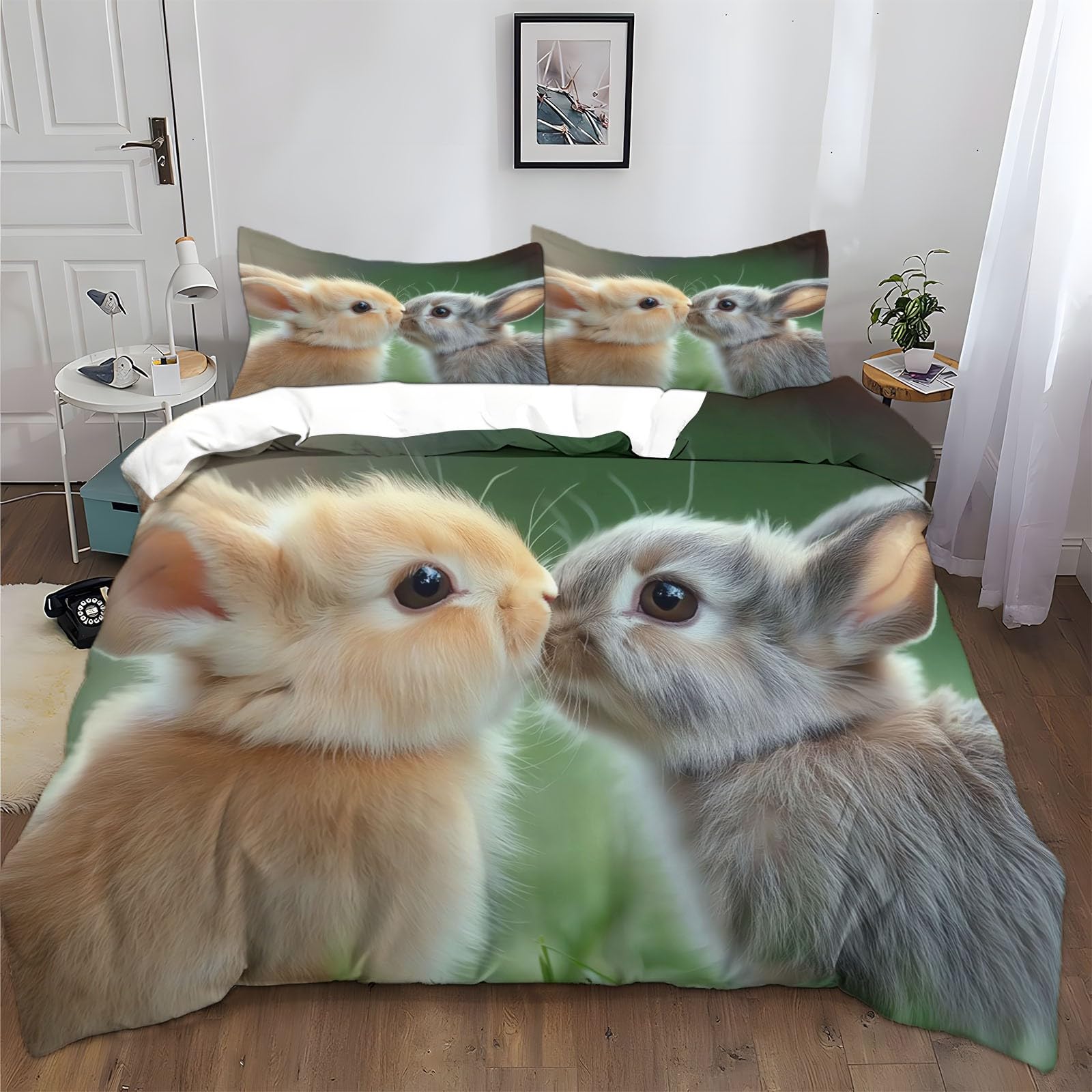 Housse de couette lapin 200x200 sans repassage parure de lit microfibre anti-glisse zippée
