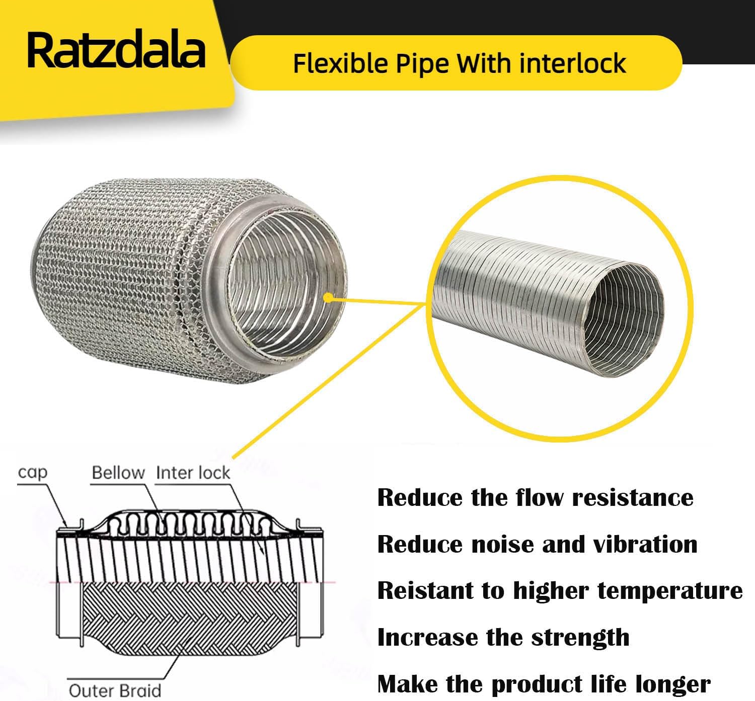 Razstdala 5G203-BC One-Piece Exhaust Pipe - 100% Match OEM, Oversized Heavy-Duty Bellows Hose & OEM-Equivalent Heat Shield for 2013-2019 Ford Explorer 3.5L SPORT/Police Interceptor 3.5L