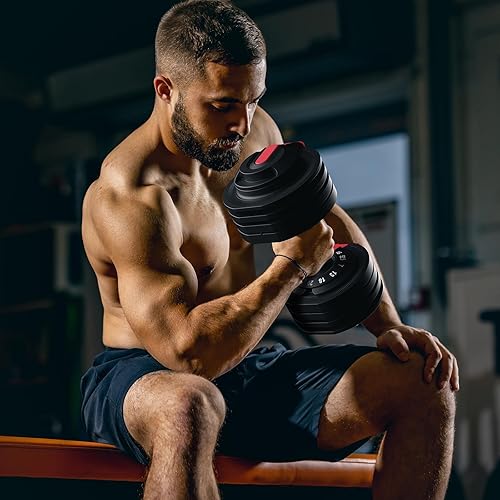 Miniatura 5 de Eisenlink Juego de mancuernas ajustables de 52.5 libras 12 en 1 y muñequeras negras Eisenlink para levantamiento de pesas de 18 pulgadas, correas de