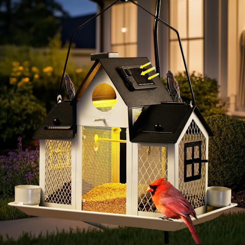 Solar Vogelfutterspender Haus zum Aufhängen im Freien, 3,2 kg große Kapazität, Metall, Wildvogel-Futterstation, Eichhörnchensicher für draußen, mit Wasserbecher, Kardinal-Vogelfutterhaus, Geschenk für