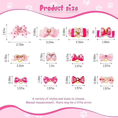 Miniatura 2 de 12 lazos para perros de tamaño pequeño para pelo de cachorro con bandas de goma, lindo tocado rosa para perritos y gatos con diamantes de imitación,