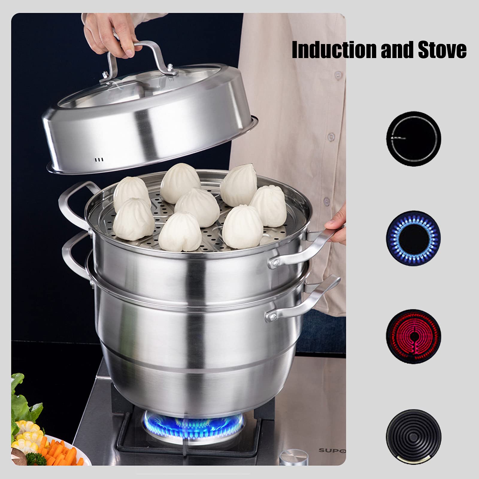AIZYR Dampfgartopf Aus Edelstahl 304 Dampfkochtopf Soße Mit Gehärtetem Glasdeckel Für Tamale, Gemüse, Knödel,30cm