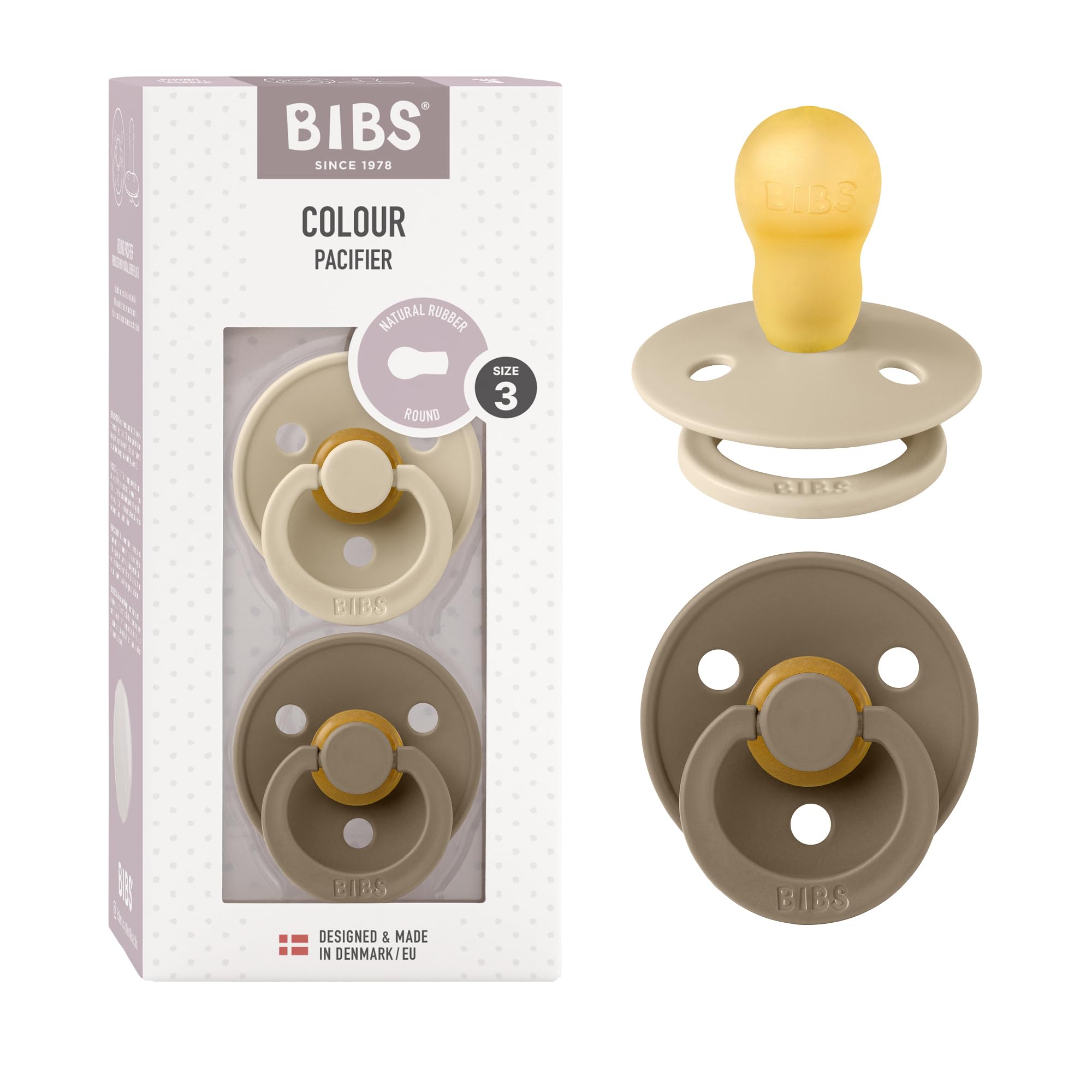 Bibs Colour Pacifier 2-Pack | BPA Free Soother, Round Nipple. Natural Rubber Latex,
