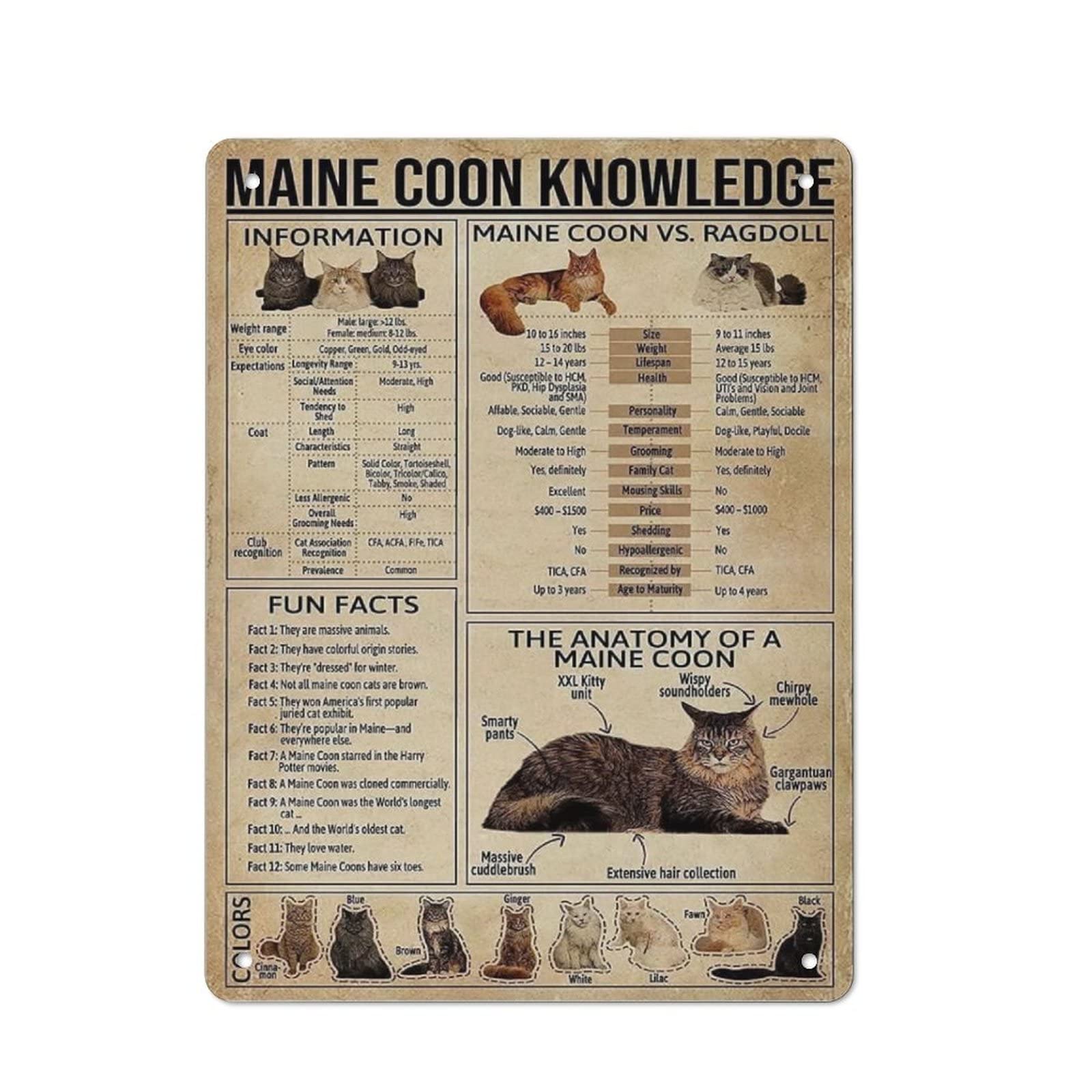 AOOEDM Maine Coon Knowledge Metal Sign for Home Coffee Garage Wall Decor Vintage Poster Bar Signs for Home Bar Retro Metal Tin Sign