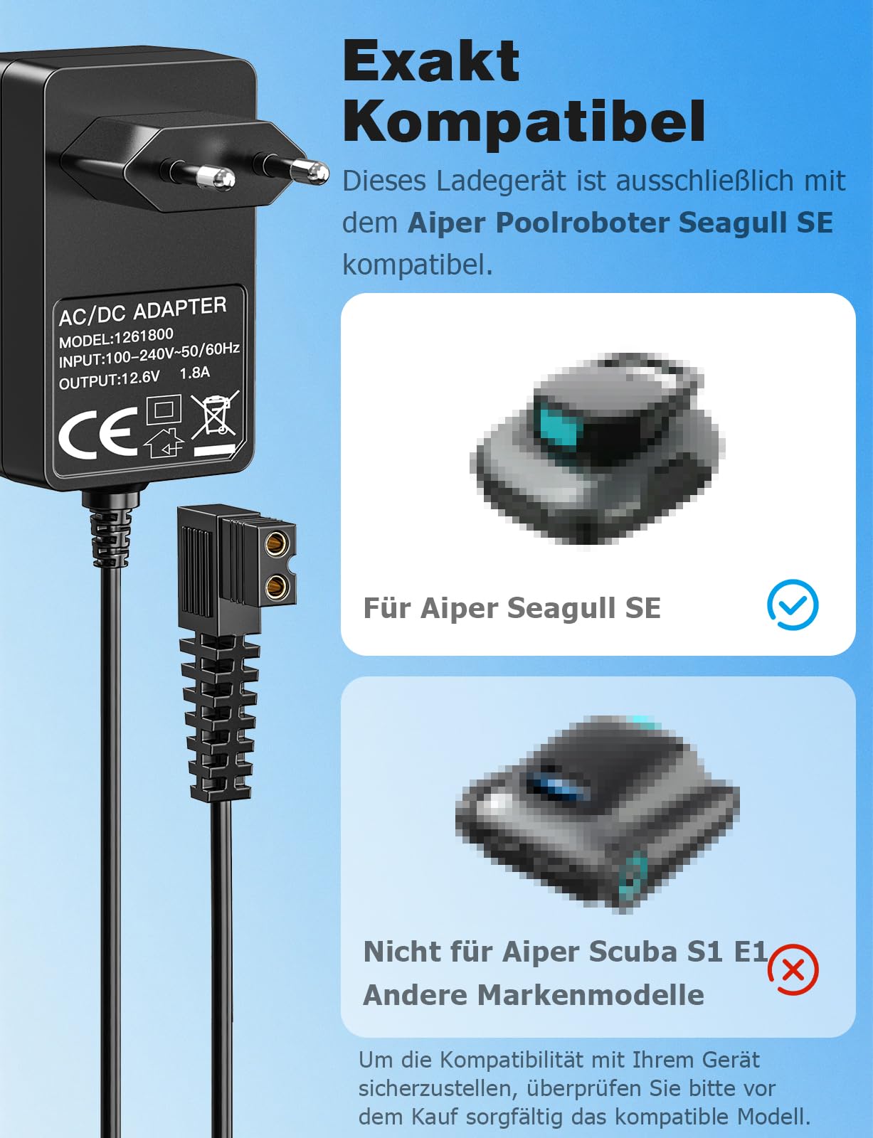 Mellbree Ładowarka 12,6 V do robota basenowego Aiper Seagull SE 600/1000/1500/P1111/Pilot H1 | zapasowy przewód zasilający 2 m do automatycznego odkurzacza basenowego, bezpieczne i wydajne ładowanie