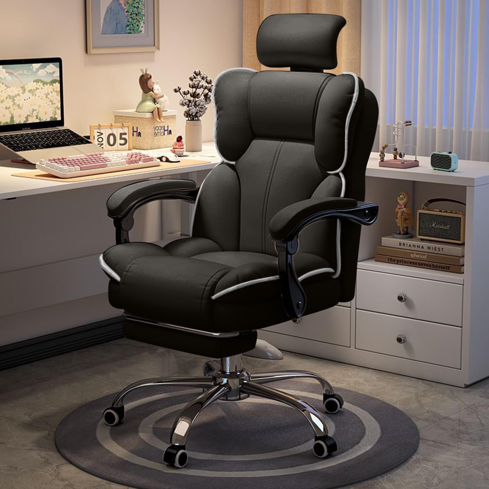 WXJHL Office Chair with Headrest High Back Executive Desk Chair with Leg Rest Ergomomic Lumbar Support Computer Gaming Chairs for Home Office, Black