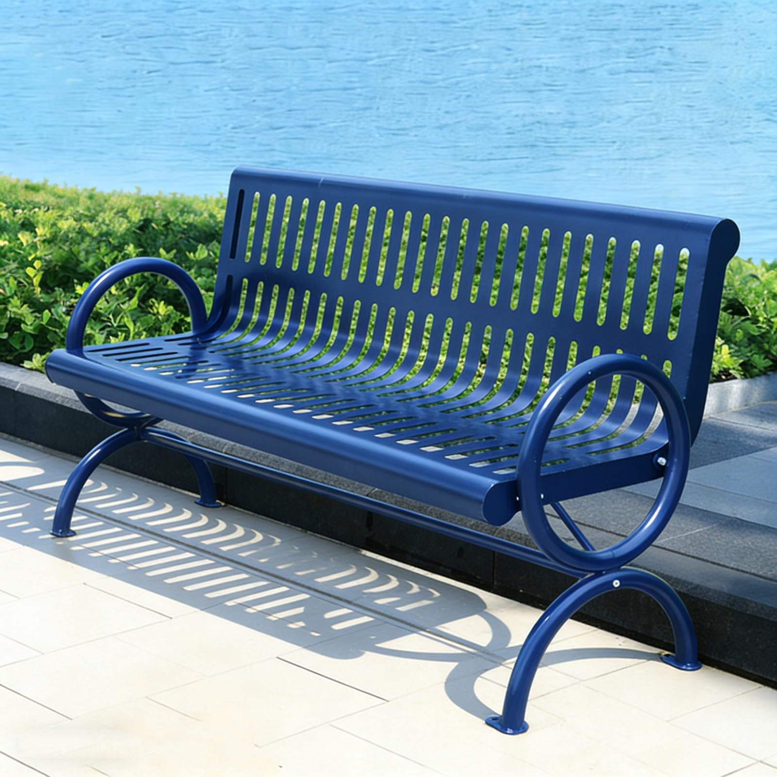 Panchina da Giardino Patio in Acciaio Resistente, Panca in Metallo con Schienale e Braccioli per Prato, Veranda, Cortile, Portata 500 Kg(Blue,180x63x82cm/71x25x32in)