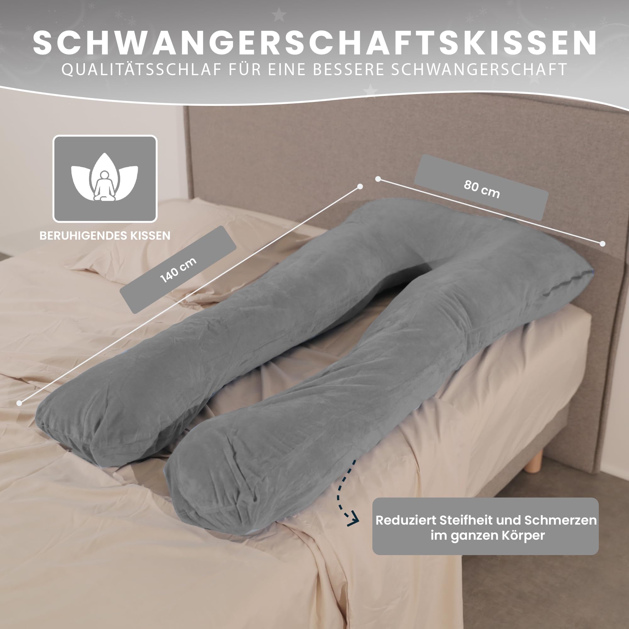 bananair - Schwangerschaftskissen und Stillkissen in U-Form - Weich & Bequem - Entlastet Rücken & Nacken, Seitenschläferkissen - Abnehmbarer Bezug & Maschinenwaschbar (140 x 80 cm, Grau, Samt)