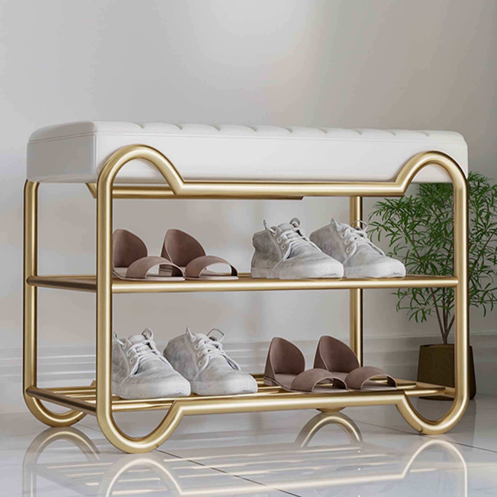 Banc à chaussures rembourré avec étagère à 2 niveaux pour entrée et chambre