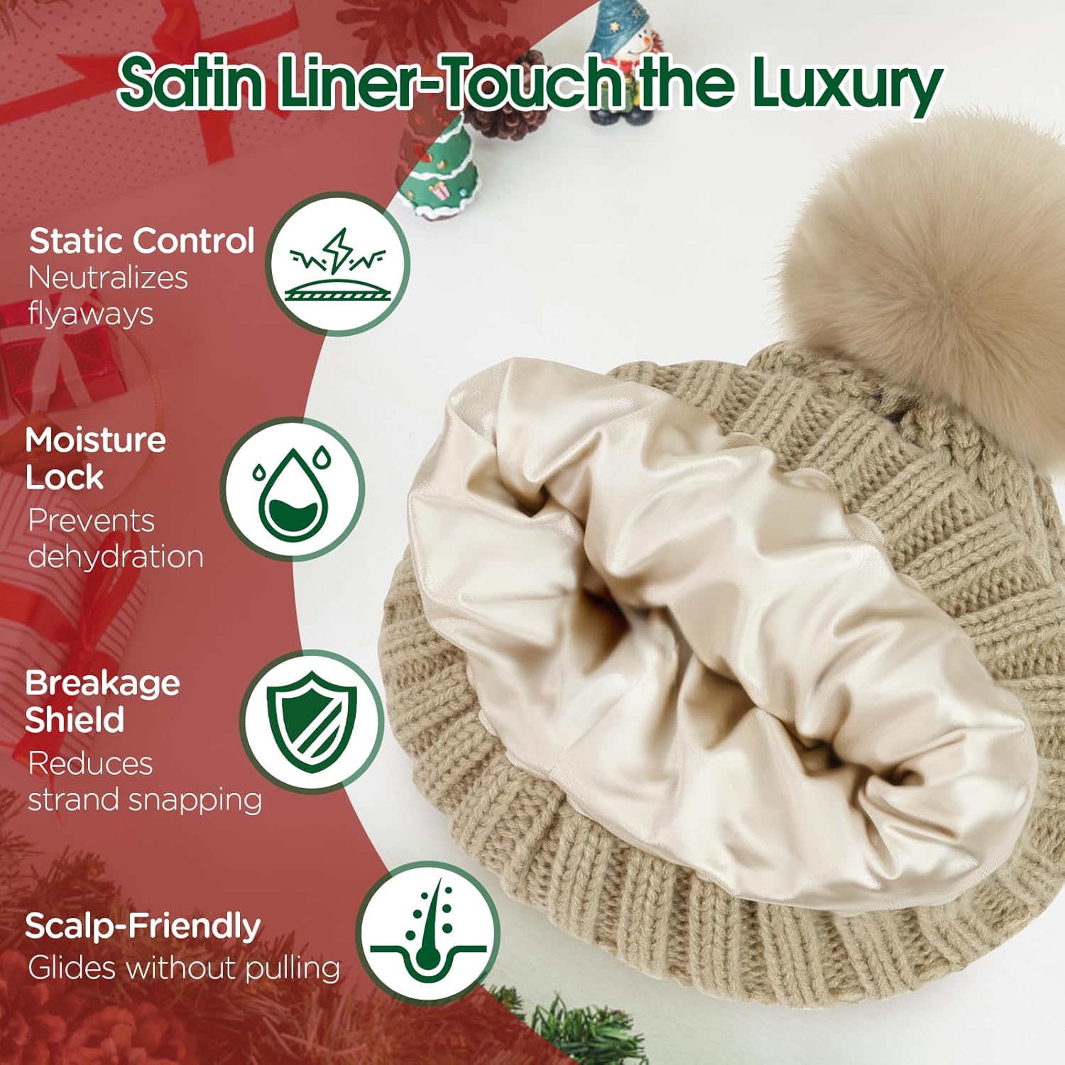 Donfri Womens Satin Lined Beanie Hats Winter Warm Pompom Silk Lining Hat Knit Skull Cap Beanie Gift - Image 2