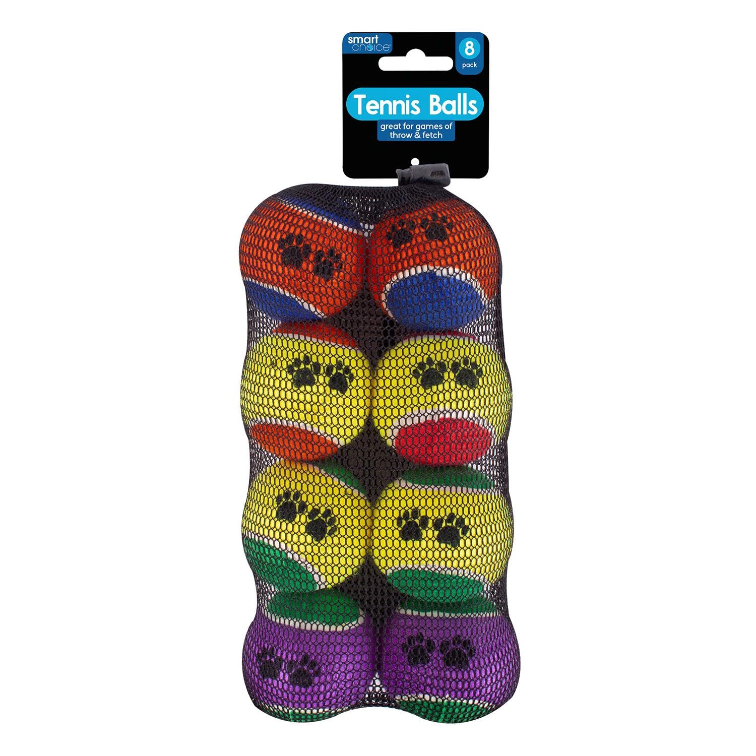 YöL Pack Of 8 Pet Tennis Balls - Multicoloured Paw Print, Dog Puppy Fetch Throwing Outdoor Play Training Obedience 6.5cm