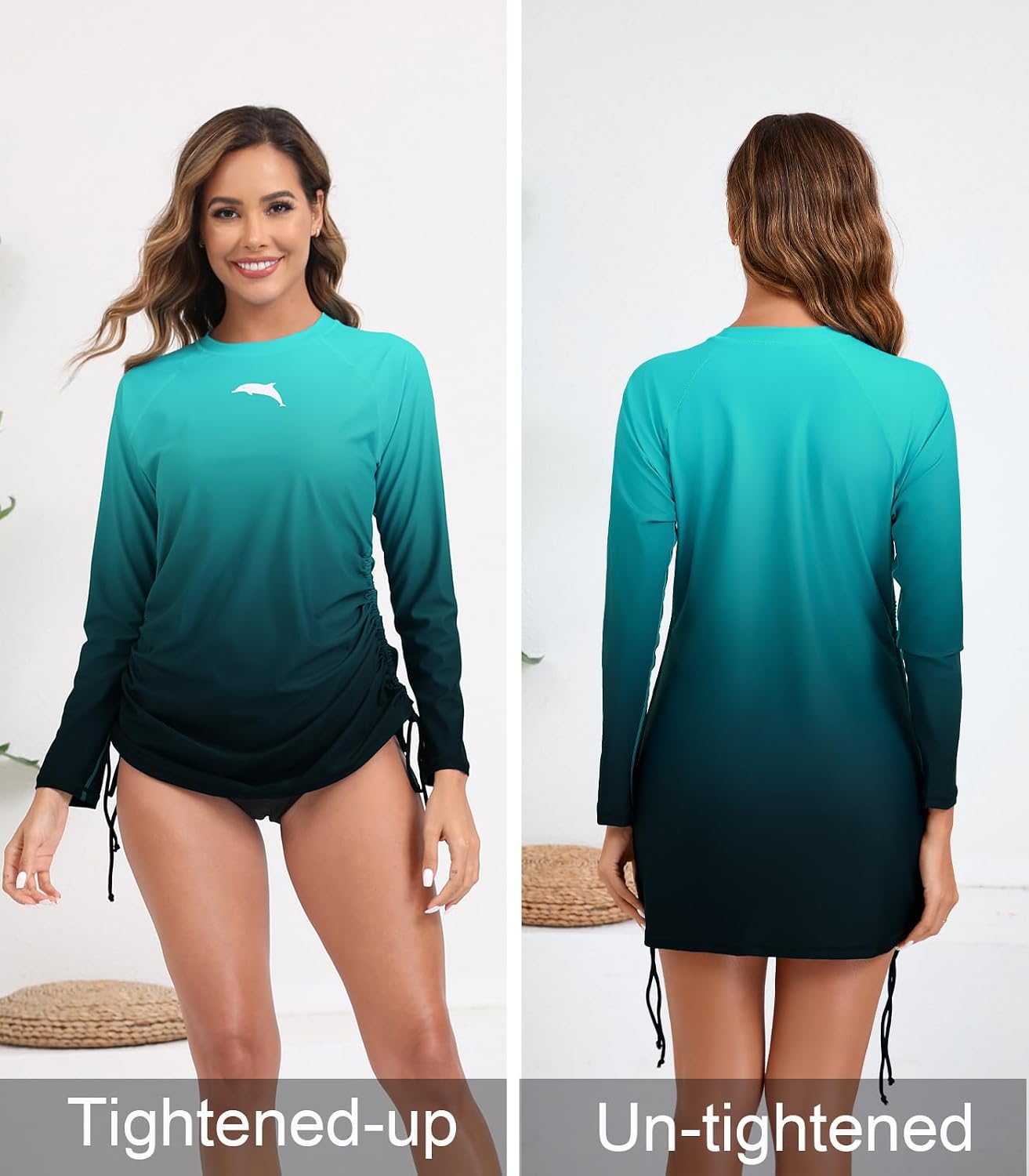 Halcurt Women's Long Sleeve Rash Guard Swim Shirt with Tie Drawstring UPF 50+ Sun Protection Swimsuit Top