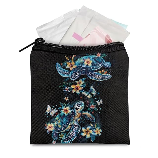 HUGS IDEA Period Bag Blue Sea Turtle Floral Sanitary Pad Storage Bag Samll Period Pouch for Purse Period