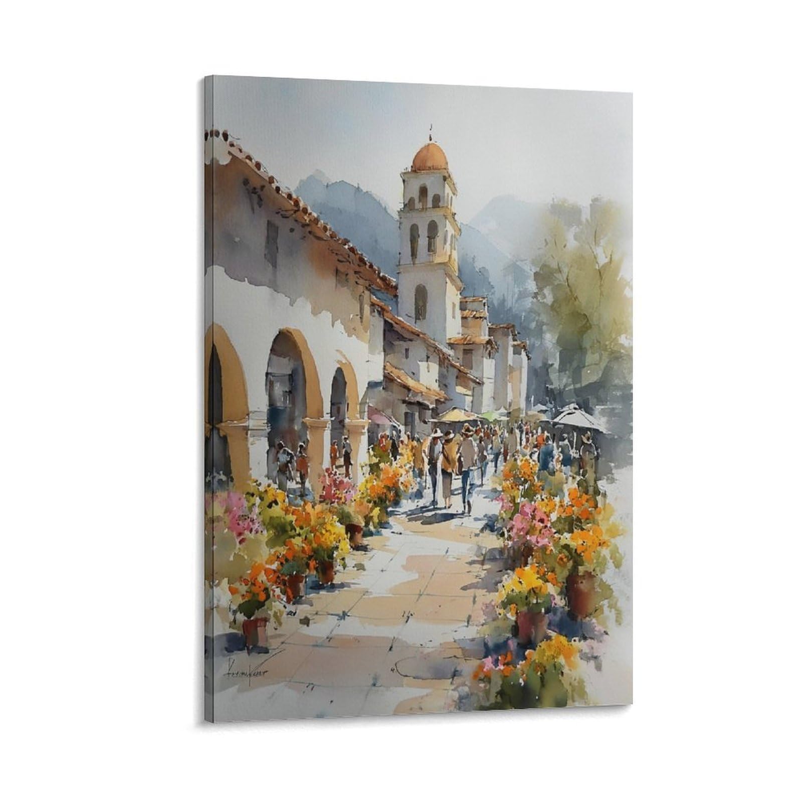 Cnaheiz Frame-Style Puerto Rico Flower Market Watercolor Painting Botanical Wall Art 20X30inch(50X75cm) Vintage Watercolor Canvas Art