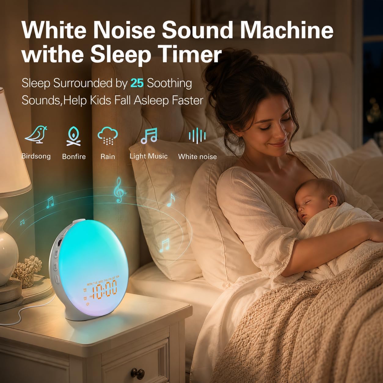JALL Full Screen Dimmer Sunrise Alarm Clocks for Bedrooms, Wake Up Light with FM Radio, 25 White Noise Sleep Sounds, Bluetooth Speaker, Dual Alarms Bedside Clock for Heavy Sleepers