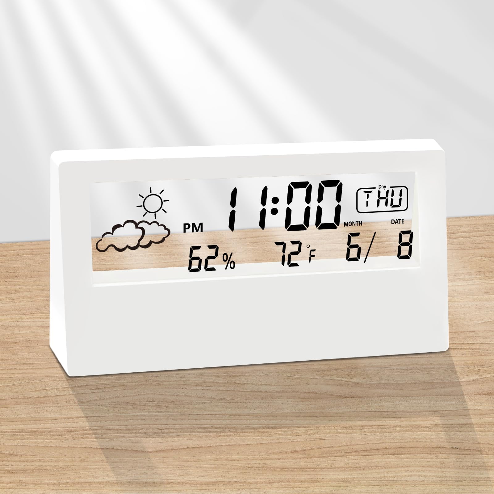 HBSTUDIO Digital Alarm Clock,Transparent Modern Design, Temperature, Humidity, Snooze, Aesthetic Home & Office Decor, Battery Operated Desk Clock for Office, Living Room, Shelf, Bedroom, White
