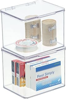 mDesign Plastic Bathroom Storage Organizer Box with Hinge Lid for Closet, Shelf, Cupboard, or Vanity, Hold Medicine, Soap, Lotion, Cotton Swabs, Masks, Styling Tools, Lumiere Collection, 2 Pack, Clear