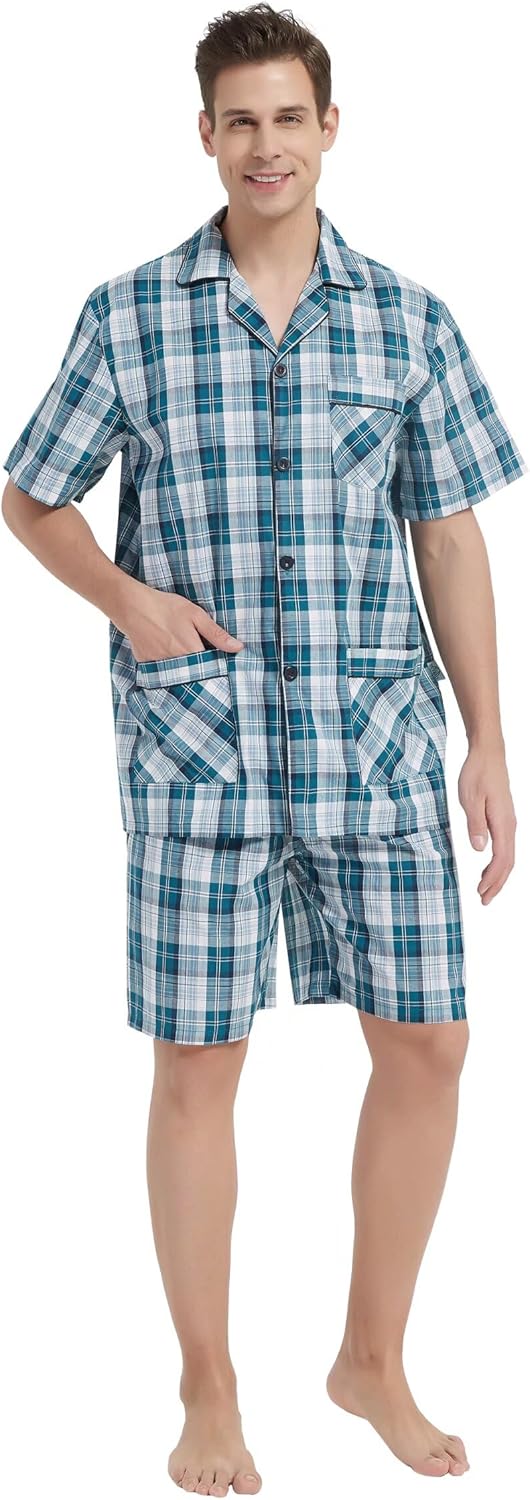 Pigiama Uomo Estivo In Cotone - Comodo Set 2 Pezzi A Quadri Con Tasche - Foto 11