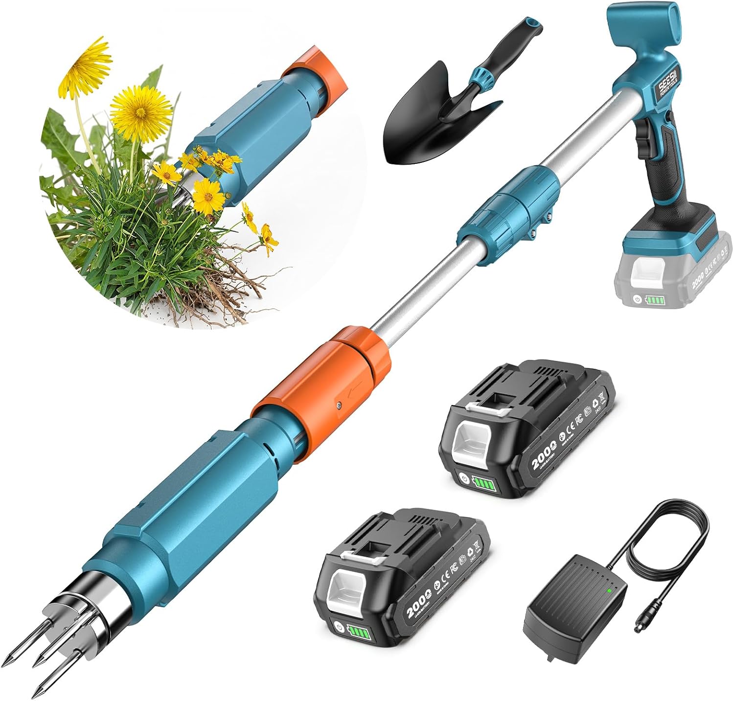 2026 Upgraded Electric Weed Puller Tool, 20V Battery Powered Stand Up Weeder with 2 x 2000mAh Batteries, Adjustable Handle, 3-Claw Steel Head, Dandelion Remover & Crabgrass Puller for Garden Lawn Yard