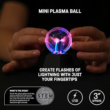Funtime Gifts Science Museum Mini 3 PLASMA BALL – Interactive Lightning Effect, Plug-in Sphere, USB Powered, Static Electricity Globe & Room Décor, NO Bulb, NOT a Light Source