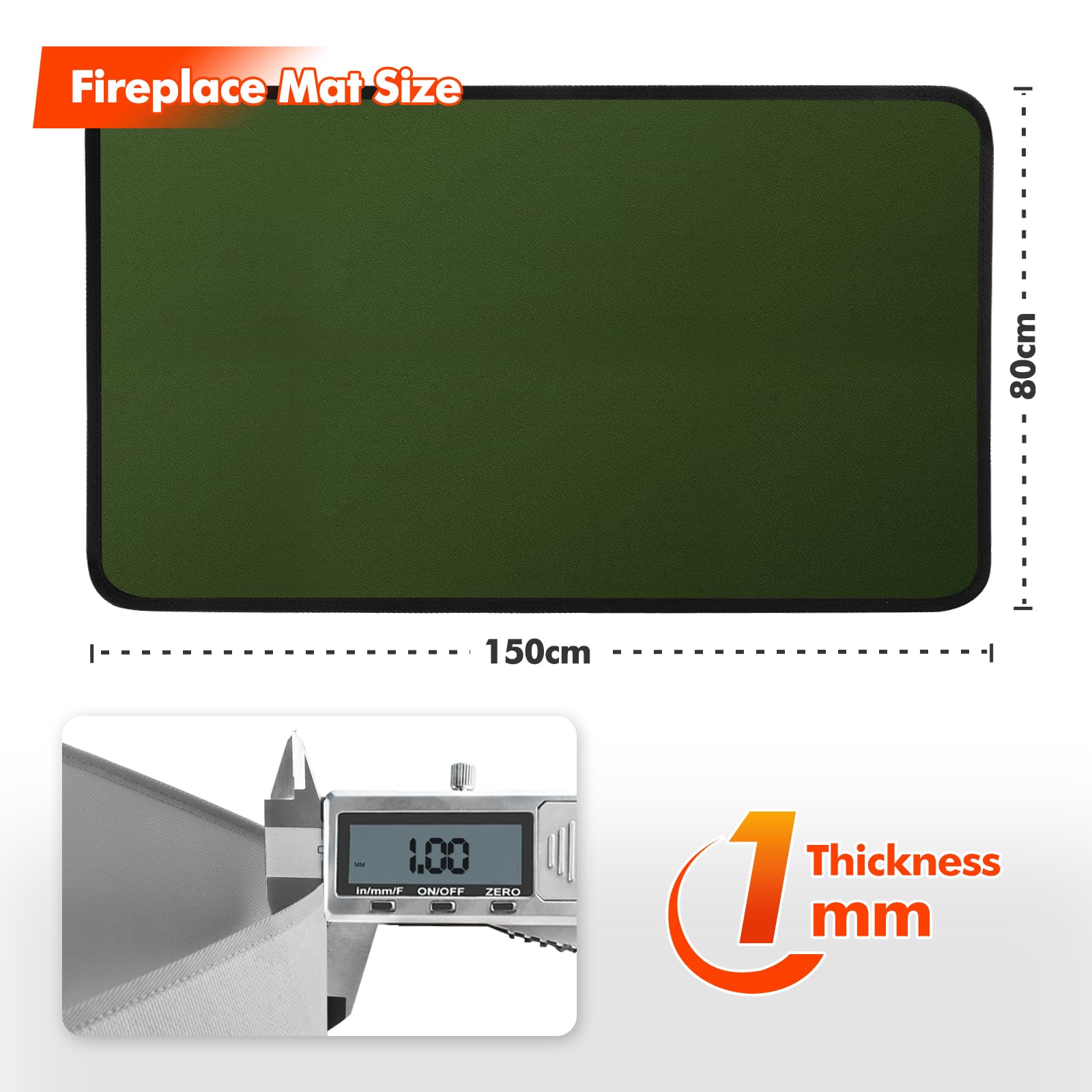 Tapis Ignifuge de Cheminée Rectangulaire, 150 x 80 x 0.1 cm, Vert | Polyvalent tapis anti feu devant cheminee, fibre de verre protège sols et tapis des étincelles et braises, facile d'entretien