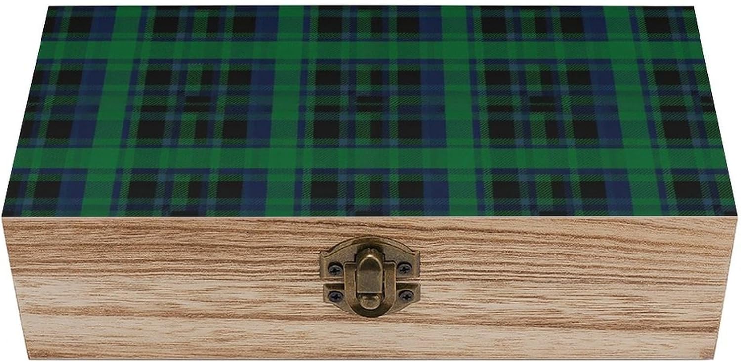 Rectangle Decorative Storage Box, Wooden Keepsake Organizer with Hinged Lid Green Scottish Tartan Plaid Check, Jewelry Memory for Birthday Office