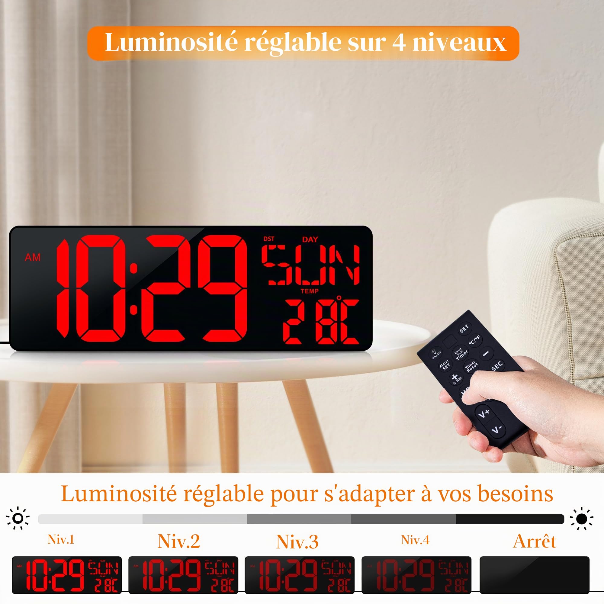 Grande horloge murale numérique avec télécommande 43,7 cm LED Grand écran Minuteur avec température, date, semaine, luminosité réglable automatique DST, grand réveil mural pour salon, bureau, garage,