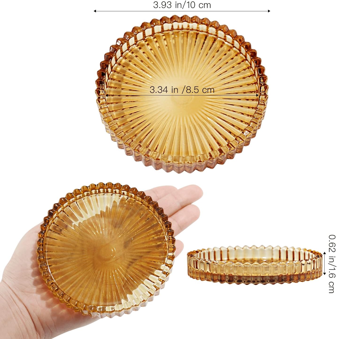 Glass Pillar Candle Holder, 4" Amber Candle Plates Set of 6, Glass Candle Holders for Wedding, Party, Holiday, Home Decor, Table Centerpiece
