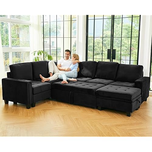 Belffin Modular Sectional Sleeper Sofa with Pull Out Bed U Shaped Sectional Sofa Couch with Storage Ottoman Velvet Covertible 7-Seater Sofa for Living Room Black
