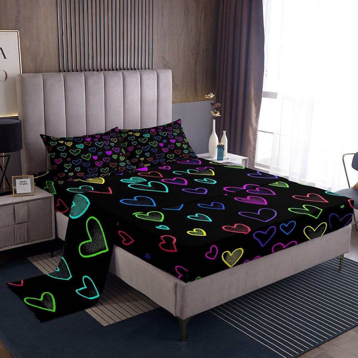 Erosebridal Glowing Hearts Sheet Set Rainbow Neon Lights Queen Size Sheets, Blue Pink Love Heart Bed Set Black Green Teal Bed Sheets Set, Romantic Valentine's Day Gift Bedding Set