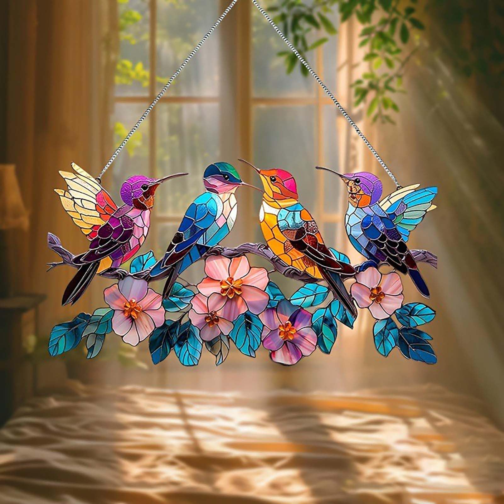 Acchiappasole In Vetro Colorato A Forma Di Colibrì - 21,6 Cm - Decorazione Da Finestra Con Catena E Ventosa - Regalo