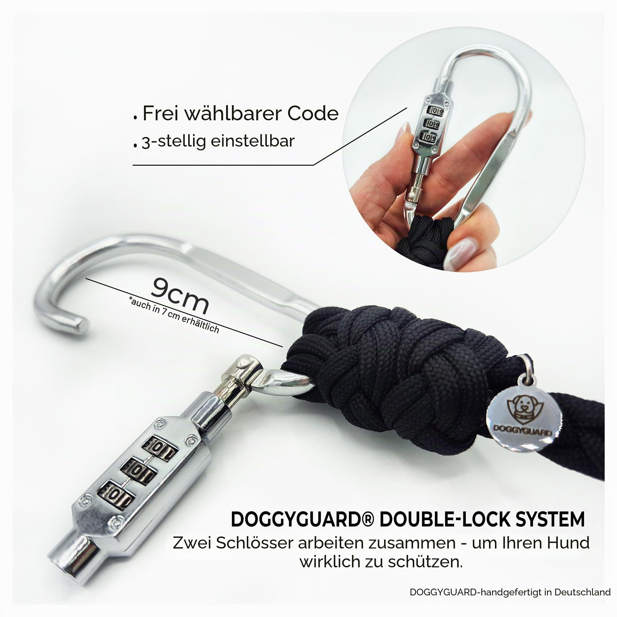 DOGGYGUARD® Anti-Diebstahl Hundeleine | Abschließbar, Schnittfest & Handgemacht | Paracord-Leine mit Stahlseil-Kern | Sicherheitsleine für Hunde (L (210cm))